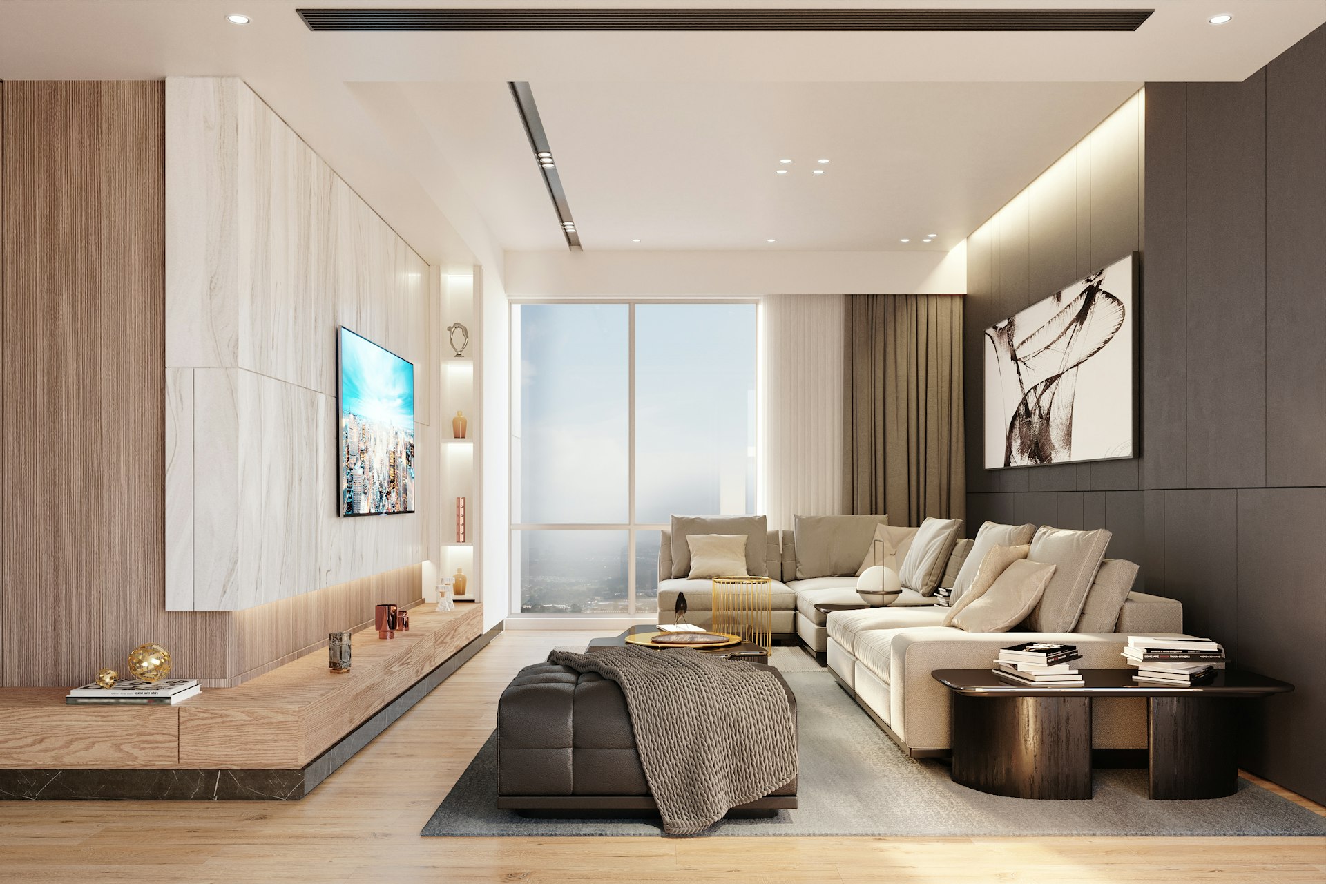 A contemporary living room with a sectional sofa and large windows